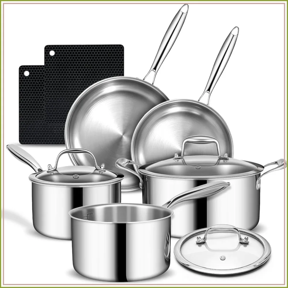 10-Piece Tri-Ply Stainless Steel Cookware Set, Induction Ready, Oven Safe to 500°F, Pots and Pans with Glass Lids
10-Piece Tri-Ply Stainless Steel Cookware Set, Induction Ready, Oven Safe to 500°F, Pots and Pans with Glass Lids