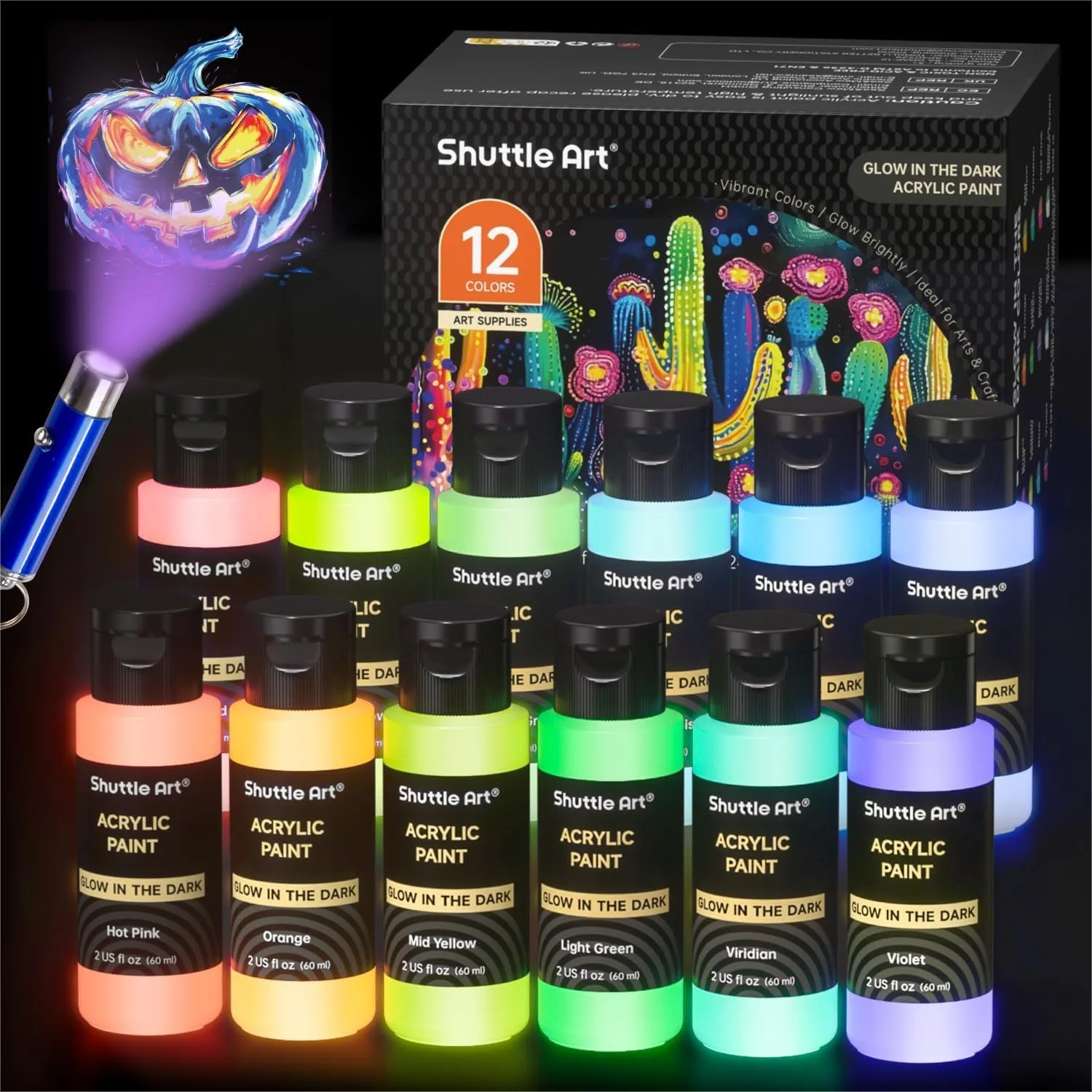 Glow In The Dark Paint 12 Colors With UV Light 2oz/60ml Bottles For Art Painting Crafts On Rocks Wood Canvas Fabric And Halloween Decorations
Glow In The Dark Paint 12 Colors With UV Light 2oz/60ml Bottles For Art Painting Crafts On Rocks Wood Canvas Fabric And Halloween Decorations