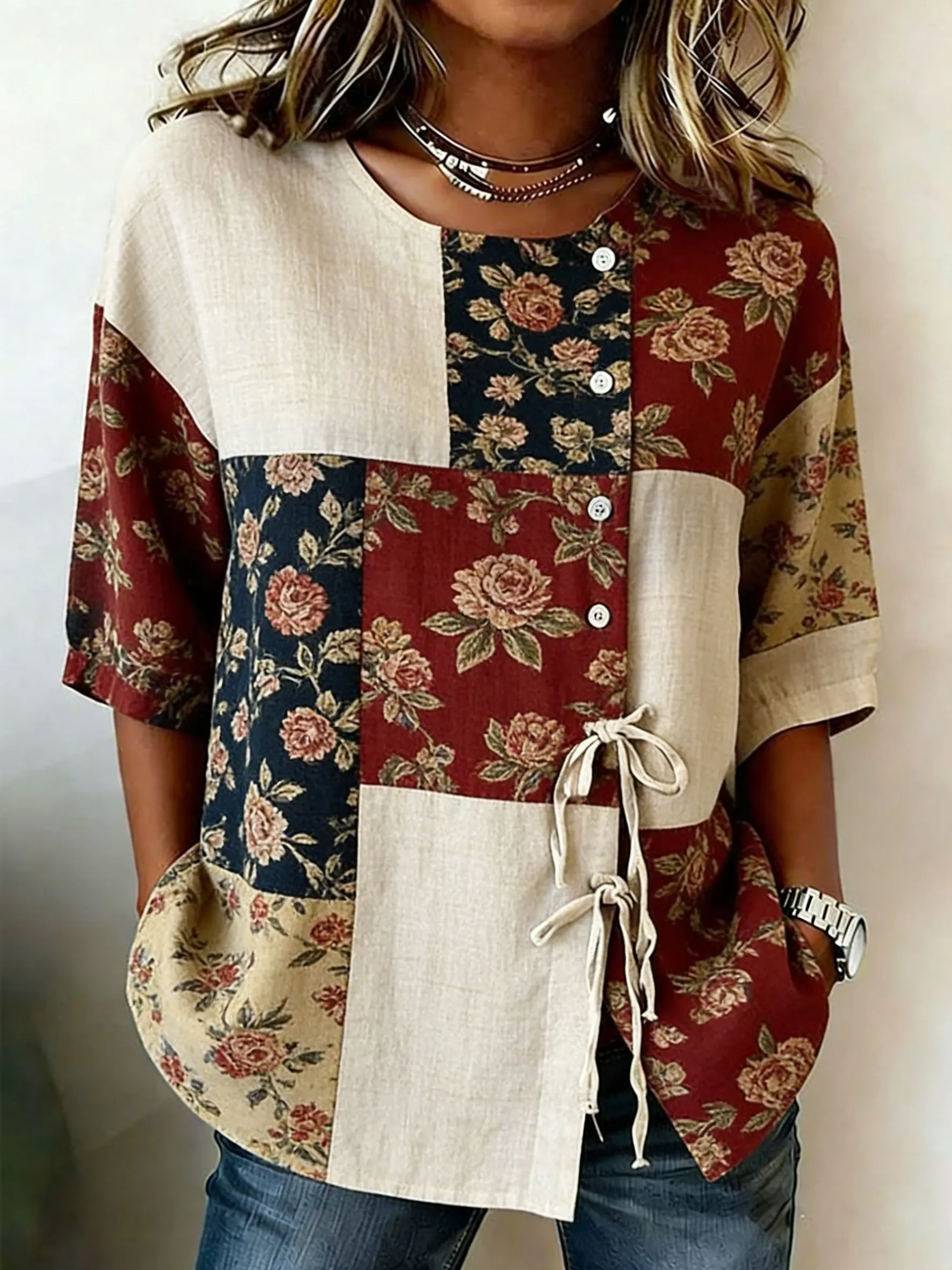 Women's Retro Floral Patchwork Drawstring Button Up Blouse, Casual Round Neck Tops for Spring Summer Daily Vacation Wear
Women's Retro Floral Patchwork Drawstring Button Up Blouse, Casual Round Neck Tops for Spring Summer Daily Vacation Wear