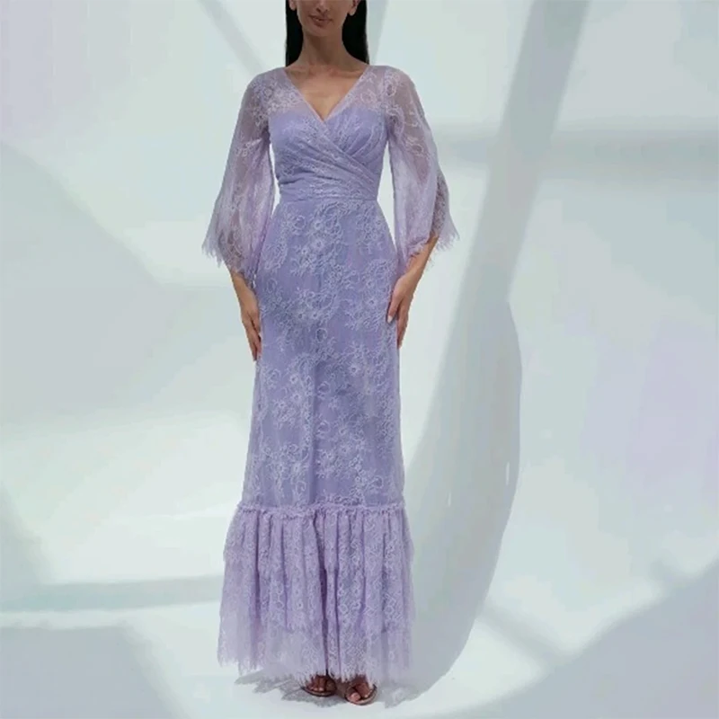 Elegant Purple V-Neck Formal Evening Dresses Lace Applique Flare Sleeve A-Line Prom Dresse Customized robes de soirée
Elegant Purple V-Neck Formal Evening Dresses Lace Applique Flare Sleeve A-Line Prom Dresse Customized robes de soirée