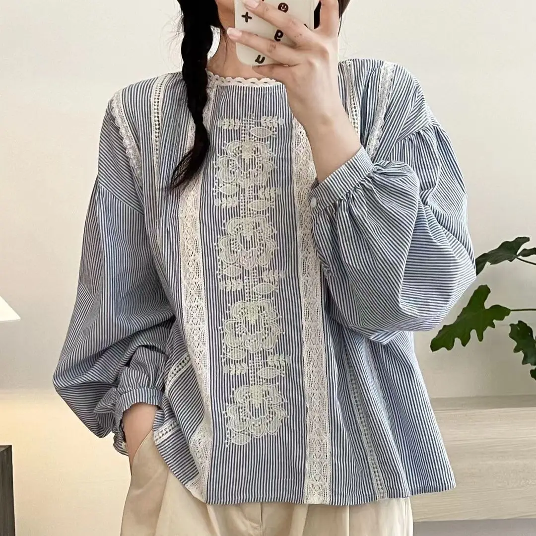 Japan Style Vintage Striped Embroidery Cotton Shirts Women Spring Summer New O-Neck Long Sleeve Casual Loose Blouse Tops
Japan Style Vintage Striped Embroidery Cotton Shirts Women Spring Summer New O-Neck Long Sleeve Casual Loose Blouse Tops