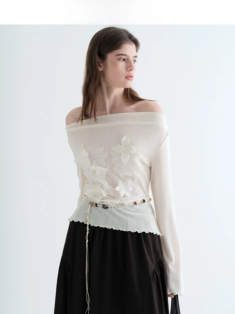 Slim Fit Shoulder Bared Long Sleeve T Shirt for Women Gentle Wind 3D Flower Decoration Casual Breathable Polyester Fiber
Slim Fit Shoulder Bared Long Sleeve T Shirt for Women Gentle Wind 3D Flower Decoration Casual Breathable Polyester Fiber