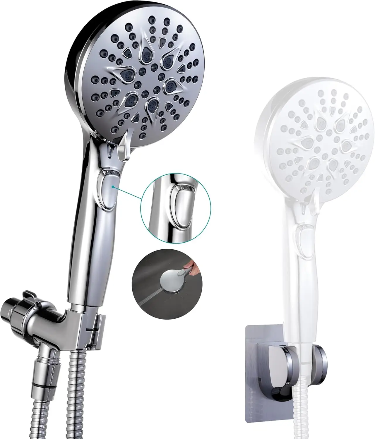 Handheld Shower Head with On Off Switch & Power Spray, 7-Setting High Pressure Shower Wand with 79in Hose, Bracket, and Extra
Handheld Shower Head with On Off Switch & Power Spray, 7-Setting High Pressure Shower Wand with 79in Hose, Bracket, and Extra