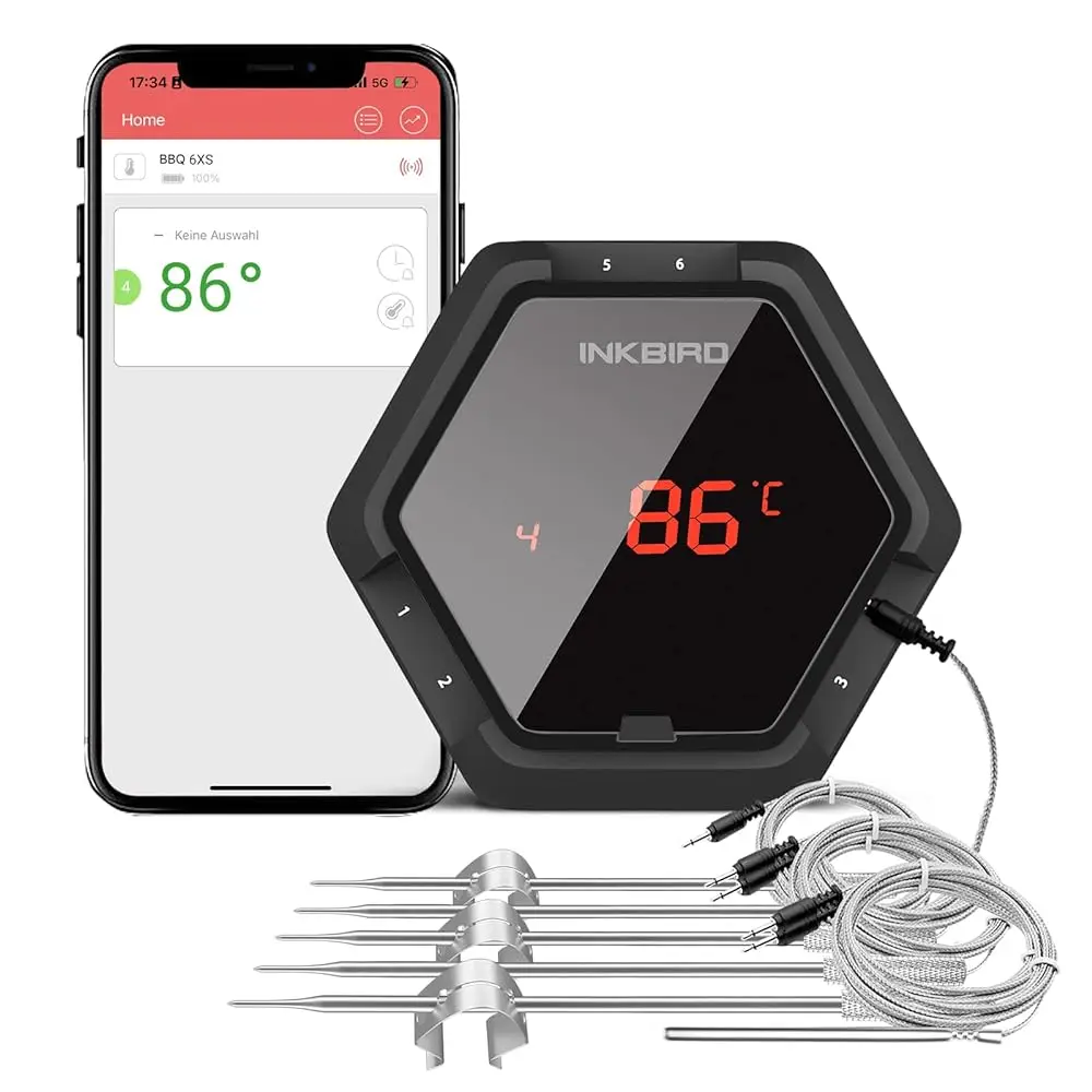 INKBIRD 150ft Bluetooth BBQ Thermometer with 4/6 Probes IBT-6XS 1000mAh Li-Battery Meat Thermometers for Grilling Smoker
INKBIRD 150ft Bluetooth BBQ Thermometer with 4/6 Probes IBT-6XS 1000mAh Li-Battery Meat Thermometers for Grilling Smoker