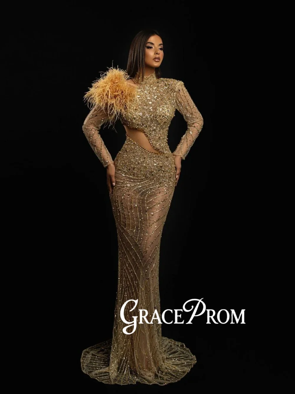 New Golden Beaded Evening Dress With Feathers Opulent High Collar Mermaid Wedding Party Gown Customized Chic Red Carpet Gowns
New Golden Beaded Evening Dress With Feathers Opulent High Collar Mermaid Wedding Party Gown Customized Chic Red Carpet Gowns