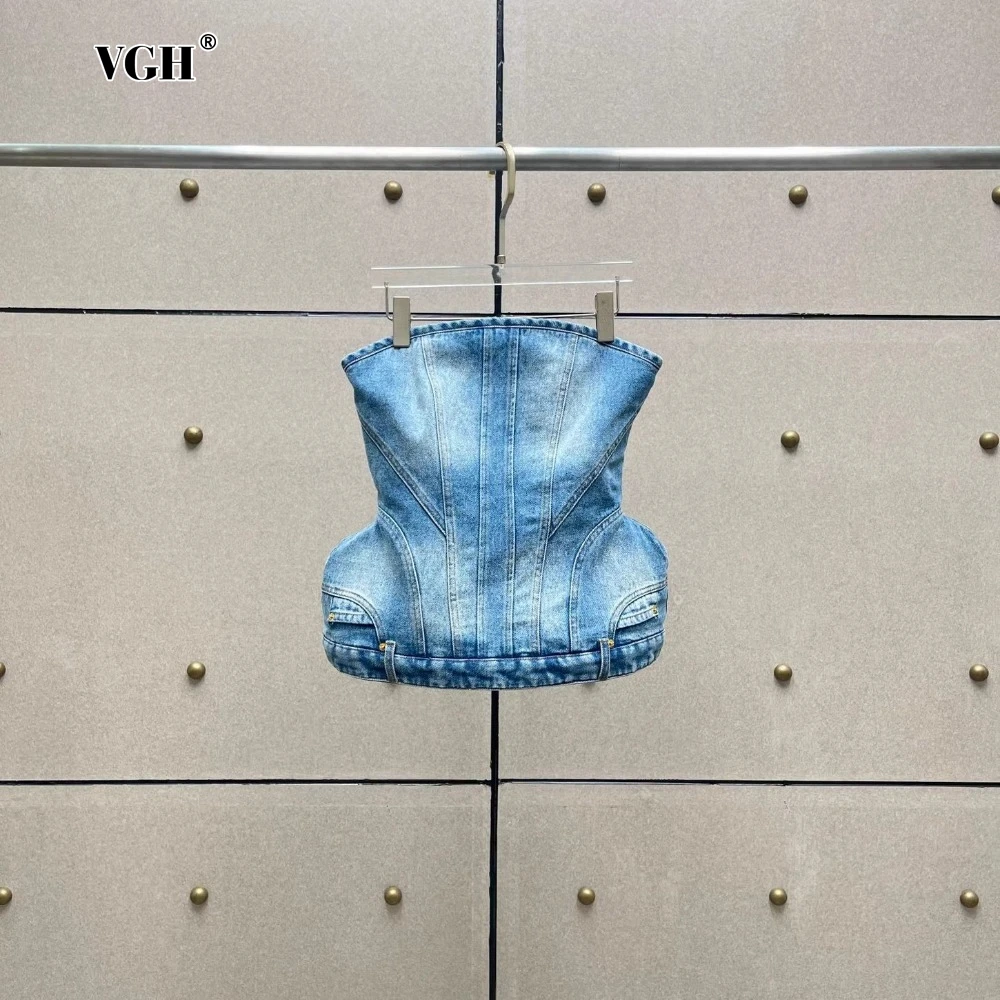 VGH Hot Girl Slimming Spliced Denim Vest for Women Strapless Sleeveless Patchwork Backless Zipper Designer Sexy Tube Top Female
VGH Hot Girl Slimming Spliced Denim Vest for Women Strapless Sleeveless Patchwork Backless Zipper Designer Sexy Tube Top Female