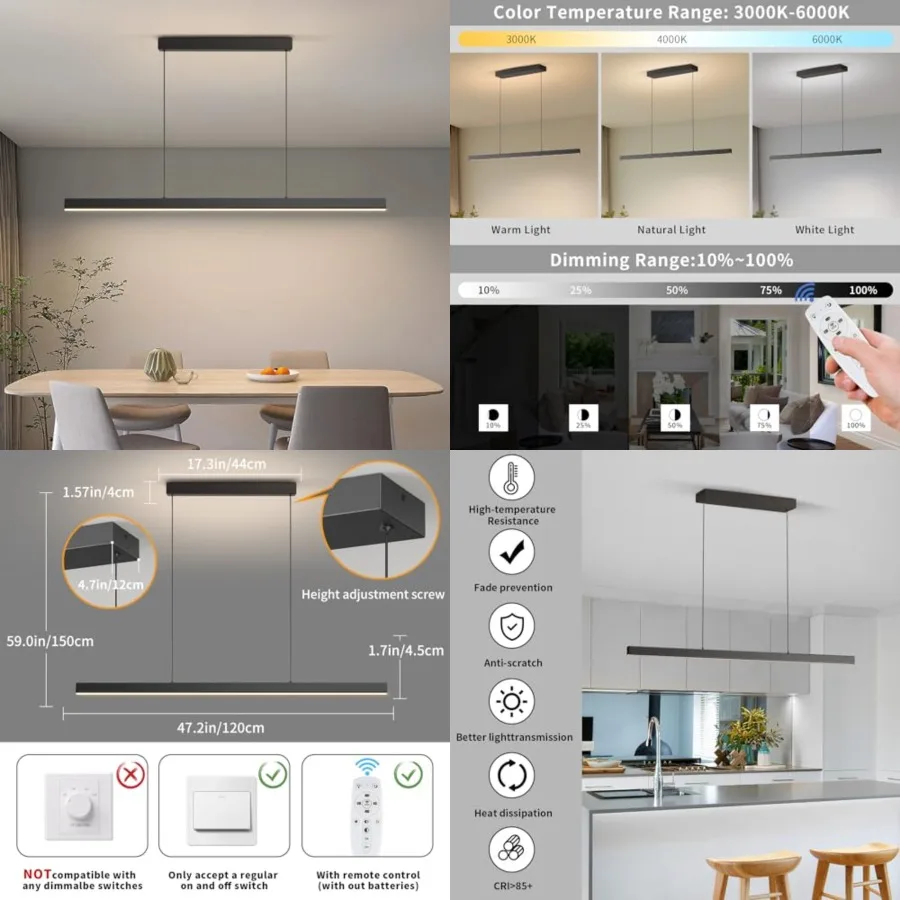 LE Linear Penant Lights, 47in Islan Lighting Fixture 3000k-6000K immable, Chanelier Lamp for Kitchen ining Room Pool Table Offi
LE Linear Penant Lights, 47in Islan Lighting Fixture 3000k-6000K immable, Chanelier Lamp for Kitchen ining Room Pool Table Offi