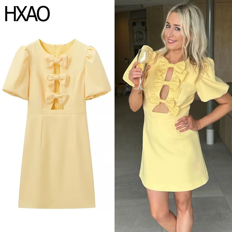 Женское короткое платье с бантом HXAO, элегантное желтое платье-мини с коротким рукавом-фонариком, летнее платье
Женское короткое платье с бантом HXAO, элегантное желтое платье-мини с коротким рукавом-фонариком, летнее платье