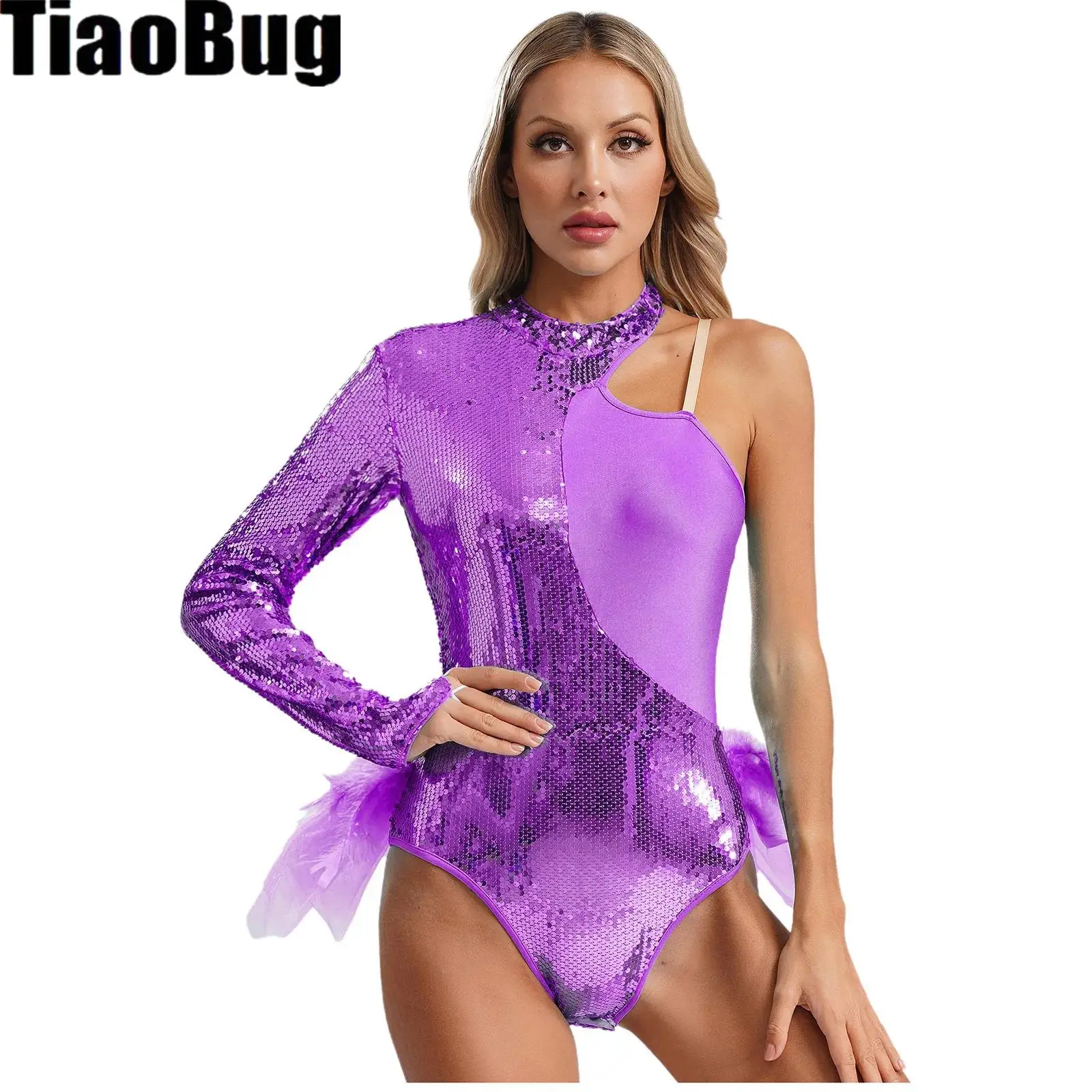 Women Feather Dance Leotard Sparkly Sequin Asymmetrical Shoulder Tulle Skirt Mock Neck Bodysuit Performance Costume
Women Feather Dance Leotard Sparkly Sequin Asymmetrical Shoulder Tulle Skirt Mock Neck Bodysuit Performance Costume