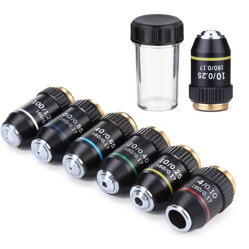 Biological Microscope Lens 4X 10X 20X 40X 60X 100X(oil) Achromatic Objective Lens Black Shell Tools