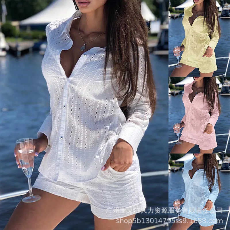 Women Sexy Eyelet Embroidery Buttoned Top & Pocket Design Shorts Set Solid Color
Women Sexy Eyelet Embroidery Buttoned Top & Pocket Design Shorts Set Solid Color