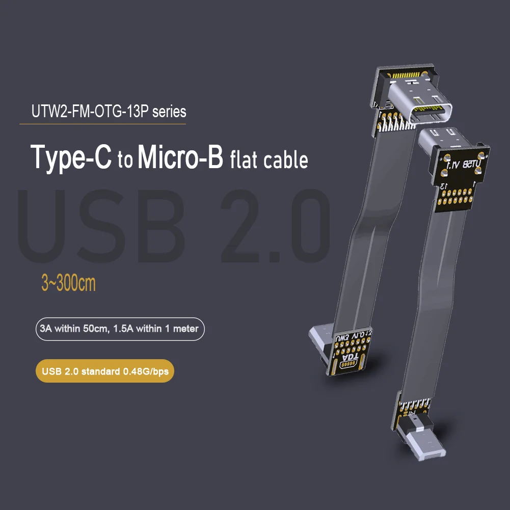 USB 2.0 Micro B To Type-C Ribbon Cable Type-C Female To Micro-B 2.0 Male Double Angled Male Female 90 Degree Flat Extension
USB 2.0 Micro B To Type-C Ribbon Cable Type-C Female To Micro-B 2.0 Male Double Angled Male Female 90 Degree Flat Extension