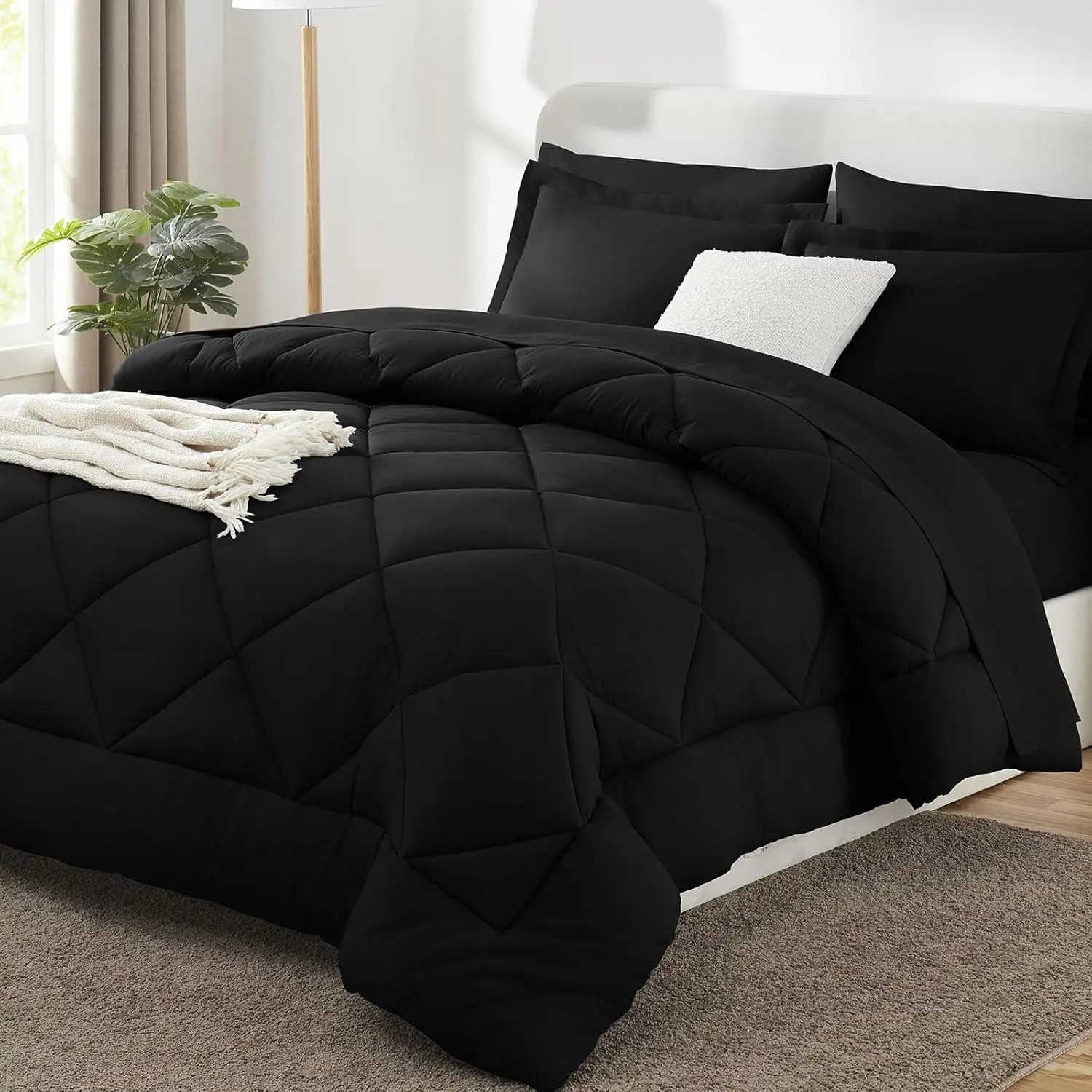 King Size Comforter Set Black - 7 Piece Bed in a Bag, Luxury Soft All Seasons Bedding with Down Alternative
King Size Comforter Set Black - 7 Piece Bed in a Bag, Luxury Soft All Seasons Bedding with Down Alternative