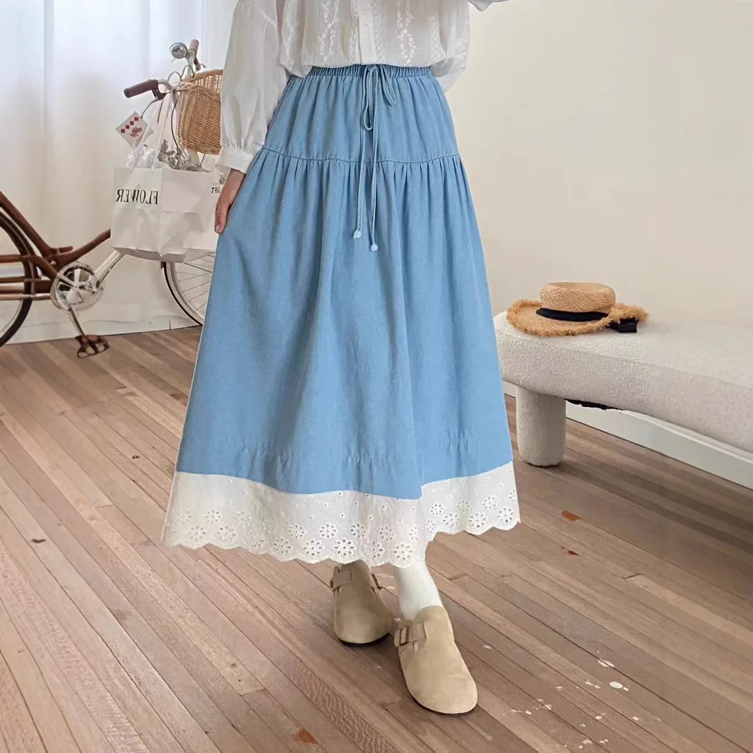 Summer New Sweet Mori Girl Lace Patchwork Denim Cotton Skirts Women Japanese High Elastic Waist Casual Loose A-Line Skirts
Summer New Sweet Mori Girl Lace Patchwork Denim Cotton Skirts Women Japanese High Elastic Waist Casual Loose A-Line Skirts