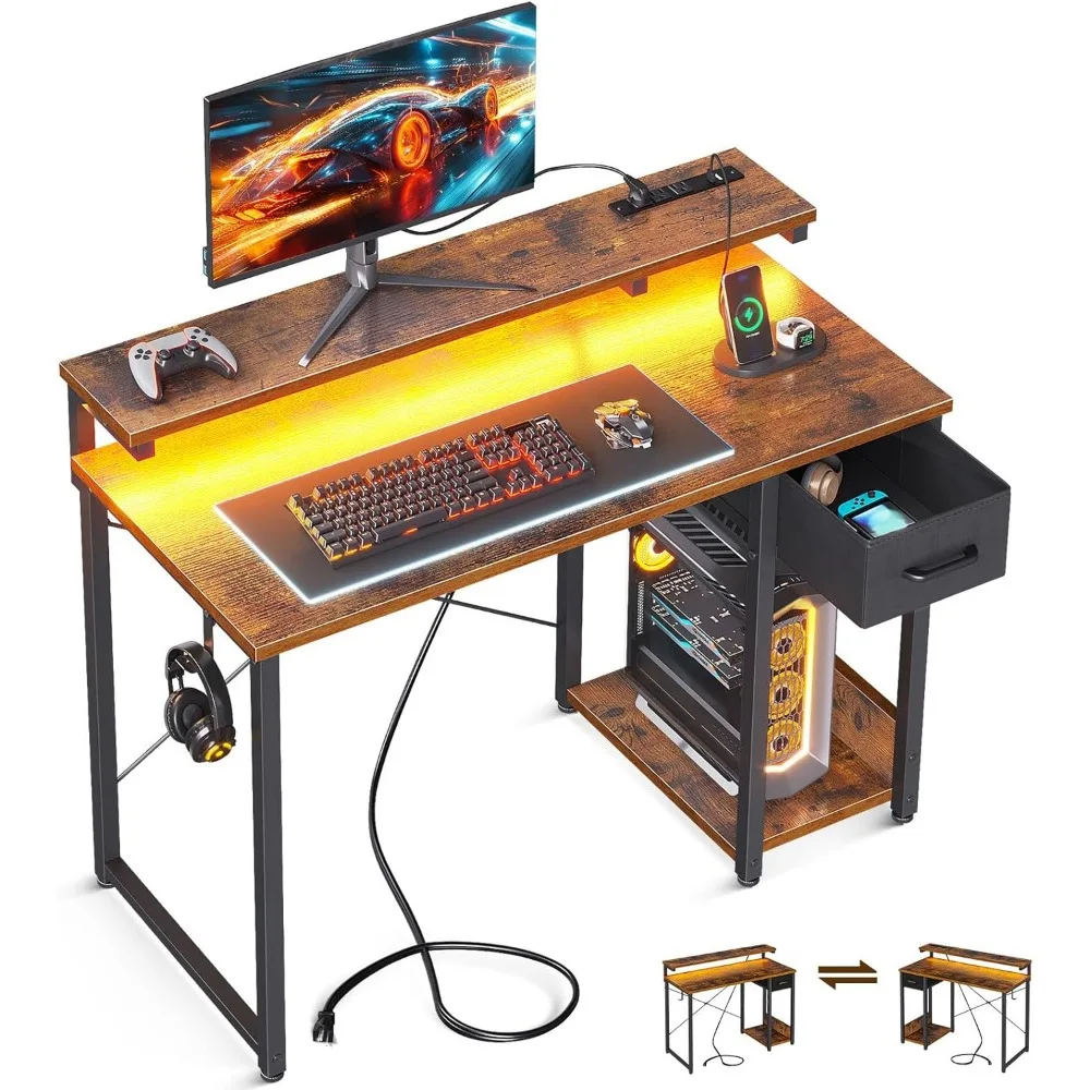 Gaming Desk with LED Lights & Power Outlet, 40 Inch Computer Desk with Drawer, Reversible Desk with Monitor Shelf & Headphone H
Gaming Desk with LED Lights & Power Outlet, 40 Inch Computer Desk with Drawer, Reversible Desk with Monitor Shelf & Headphone H