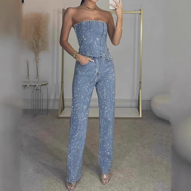 Shiny Diamond Slim Fit Club Party Two Piece Set Elegant Solid Color Pocket Outfit Sexy Strapless Top with Long Pants Women Suits
Shiny Diamond Slim Fit Club Party Two Piece Set Elegant Solid Color Pocket Outfit Sexy Strapless Top with Long Pants Women Suits