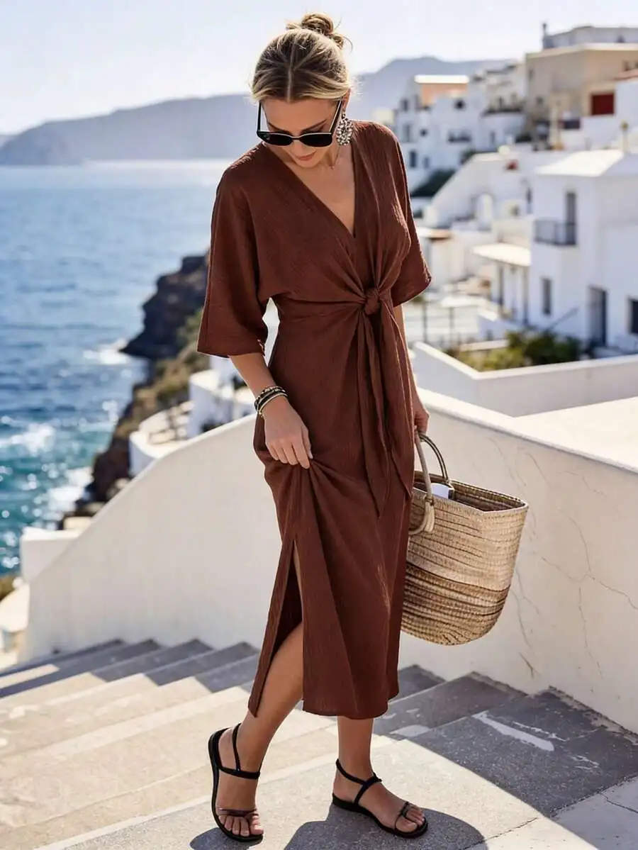 Women Solid Color Wrap Dress With Twist Waist Half Sleeve Vacation Dress Summer
Women Solid Color Wrap Dress With Twist Waist Half Sleeve Vacation Dress Summer