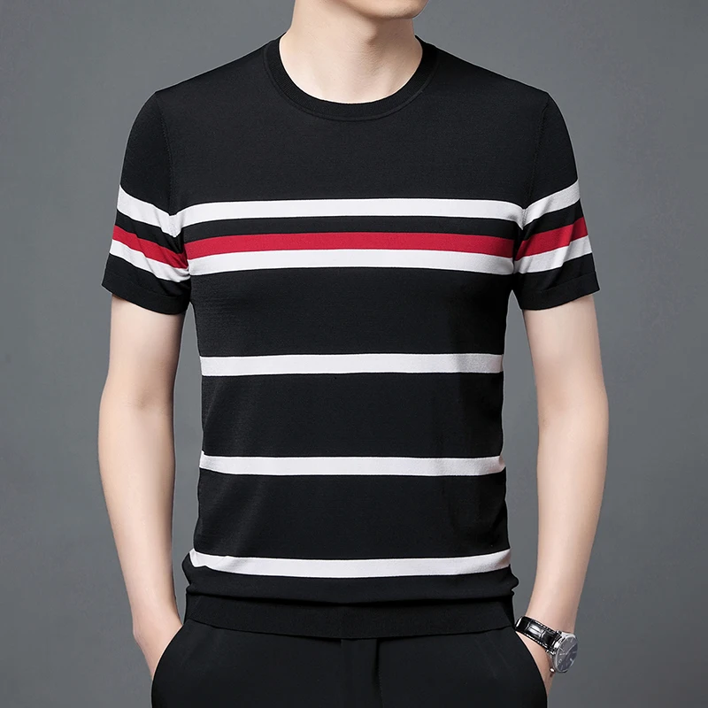 Silky Premium Knitted O-Neck T Shirt For Men Short Sleeve Striped Summer Quality Smooth Comfortable Stretchy Camisetas De Hombre
Silky Premium Knitted O-Neck T Shirt For Men Short Sleeve Striped Summer Quality Smooth Comfortable Stretchy Camisetas De Hombre