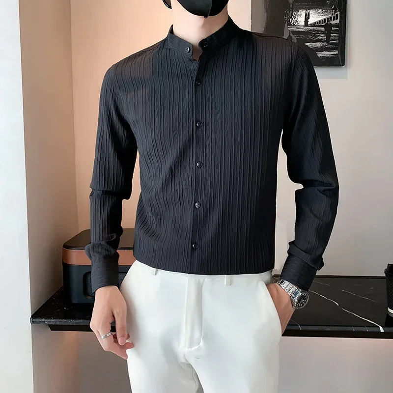 Classic Striped Long Sleeved Stand Collar Men Shirts High Quality 60% Cotton Slim Fit Business Formal Mens Solid Shirt Camisas
Classic Striped Long Sleeved Stand Collar Men Shirts High Quality 60% Cotton Slim Fit Business Formal Mens Solid Shirt Camisas