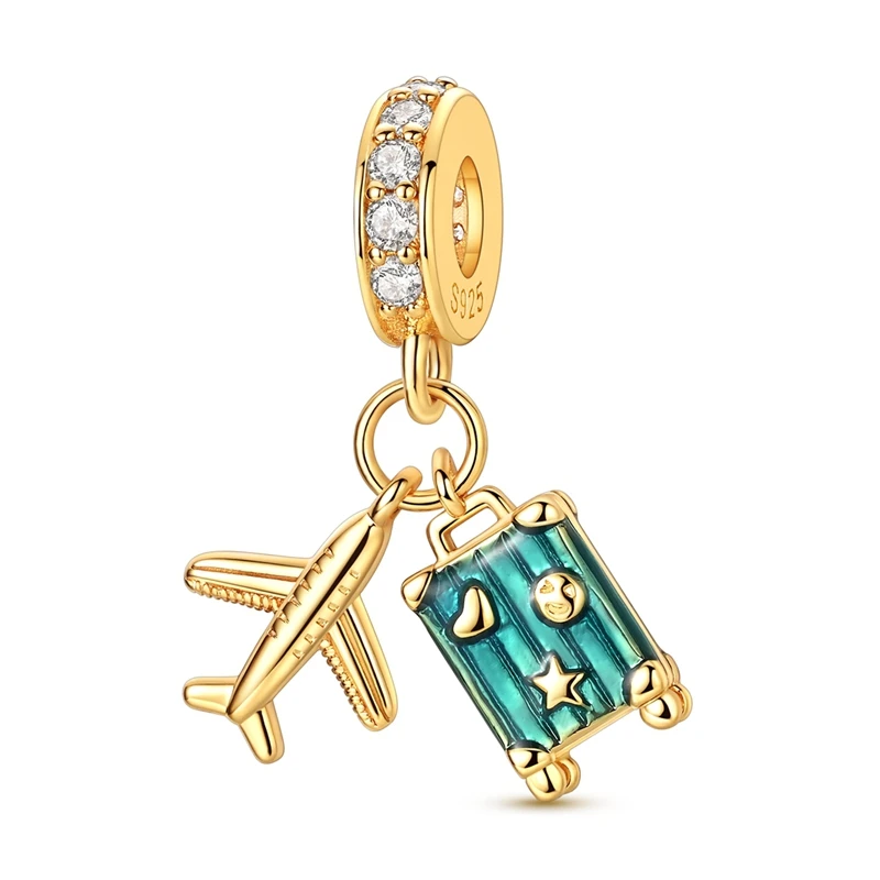 925 Sterling Silver Charms Bead Golden Airplane and Blue Suitcase Dangle Fit Original Bracelet DIY Women Jewelry Gift
925 Sterling Silver Charms Bead Golden Airplane and Blue Suitcase Dangle Fit Original Bracelet DIY Women Jewelry Gift