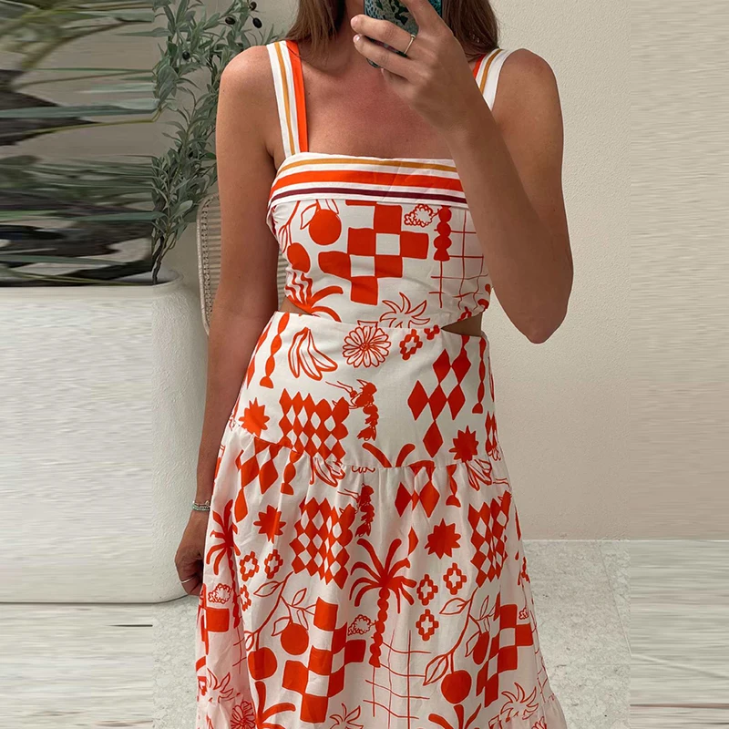 Casual Summer Pattern Print Beach Suspender Dress New Fashion Hollow Waist Bohemian Dress Elegant Women Sleeveless Party Dress
Casual Summer Pattern Print Beach Suspender Dress New Fashion Hollow Waist Bohemian Dress Elegant Women Sleeveless Party Dress