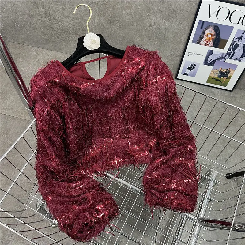 Spring NEW round Neck Sequins Tassel Back Opening Hot Girl Style Short Fashionable Long Sleeve Shirt
Spring NEW round Neck Sequins Tassel Back Opening Hot Girl Style Short Fashionable Long Sleeve Shirt