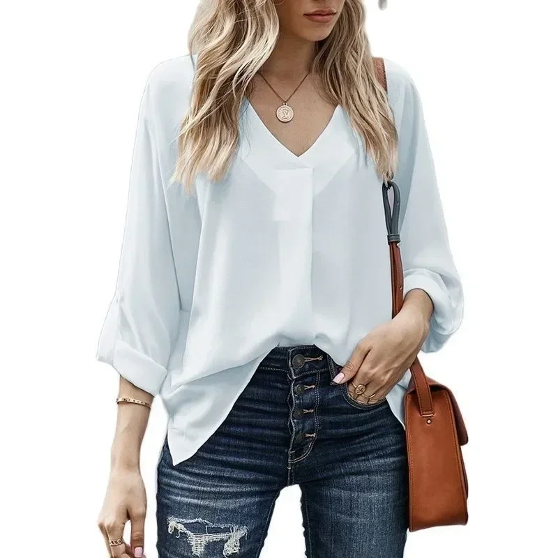 Spring and Autumn Women Blouse Casual V-neck Loose Shirt Office Lady Loose Clothes Vintage Solid Long Sleeve Tops Blusas 29082
Spring and Autumn Women Blouse Casual V-neck Loose Shirt Office Lady Loose Clothes Vintage Solid Long Sleeve Tops Blusas 29082