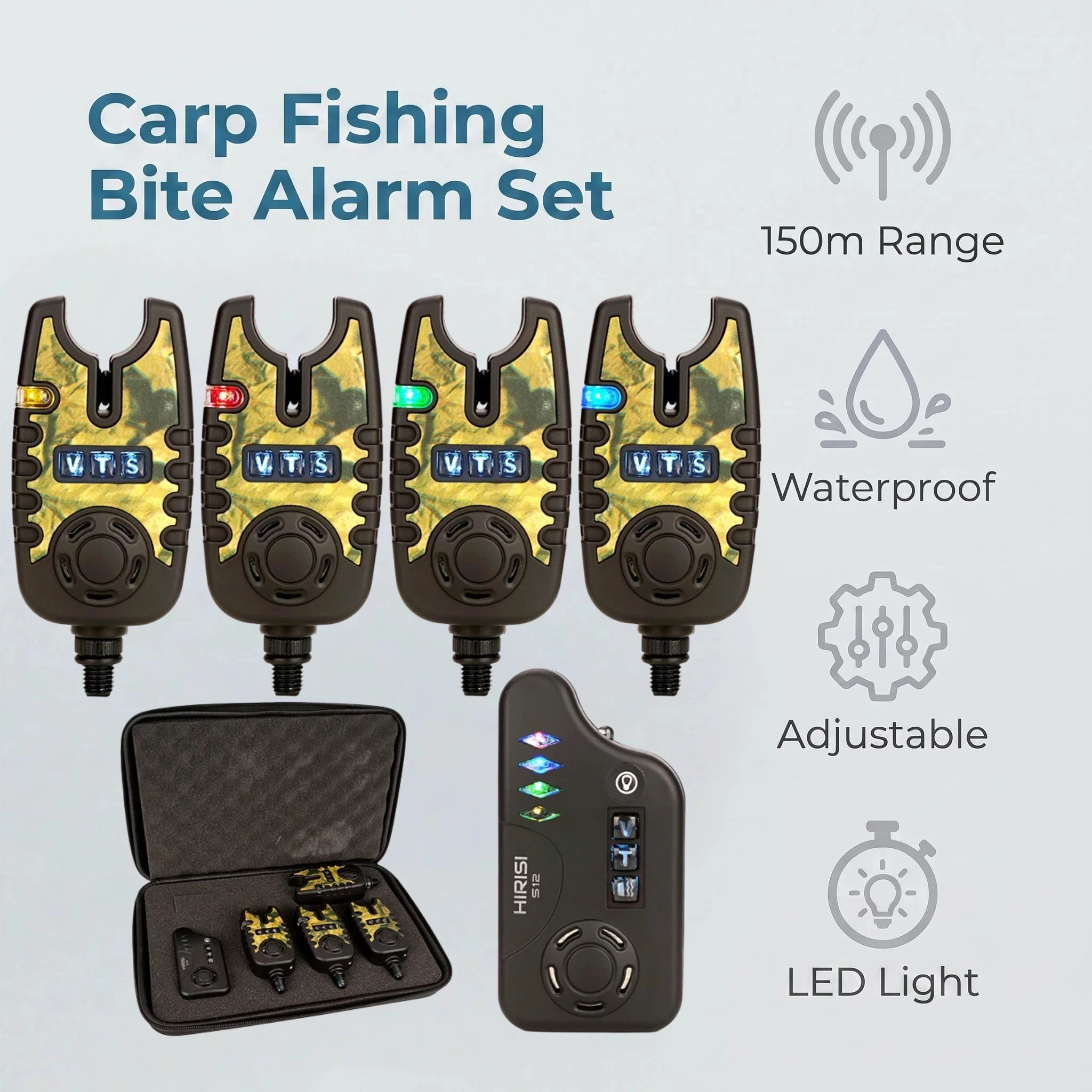 Hirisi S12 Wireless Carp Fishing Bite Alarm Set 4+1 LED Indicator Adjustable Volume Tone Sensitivity for Carp Fishing Tackle
Hirisi S12 Wireless Carp Fishing Bite Alarm Set 4+1 LED Indicator Adjustable Volume Tone Sensitivity for Carp Fishing Tackle