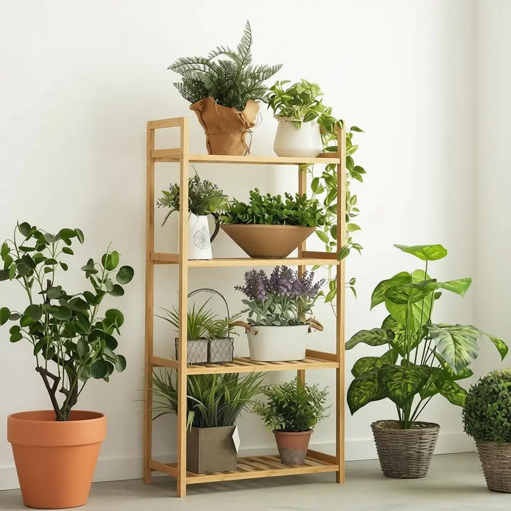 4-ярусная бамбуковая подставка для растений, высокая регулируемая полка для нескольких растений - для гостиной, балкона, окна и патио (натуральный цвет)
4-ярусная бамбуковая подставка для растений, высокая регулируемая полка для нескольких растений - для гостиной, балкона, окна и патио (натуральный цвет)