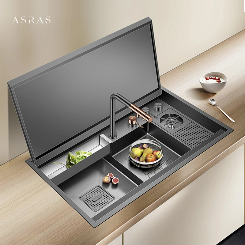 ASRAS Nanometer Black Flip Cover Hidden kitchen Sink 304 Stainless Steel 4mm Thickness Handmade Stepped Sinks Cup Rinser Sinks
ASRAS Nanometer Black Flip Cover Hidden kitchen Sink 304 Stainless Steel 4mm Thickness Handmade Stepped Sinks Cup Rinser Sinks