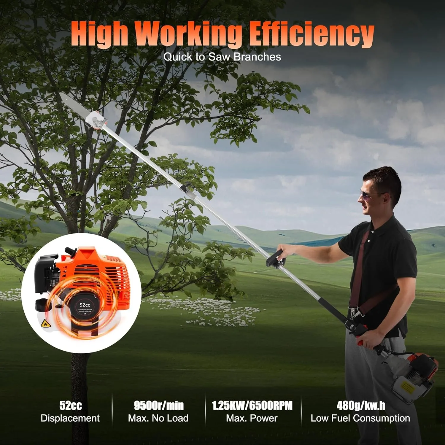 52cc 2 Stroke Gas Pole Saw Split Shaft Chainsaw Pruner Trimmer Tree Branches Single Cylinder Air-Cooled 2.3m
52cc 2 Stroke Gas Pole Saw Split Shaft Chainsaw Pruner Trimmer Tree Branches Single Cylinder Air-Cooled 2.3m
