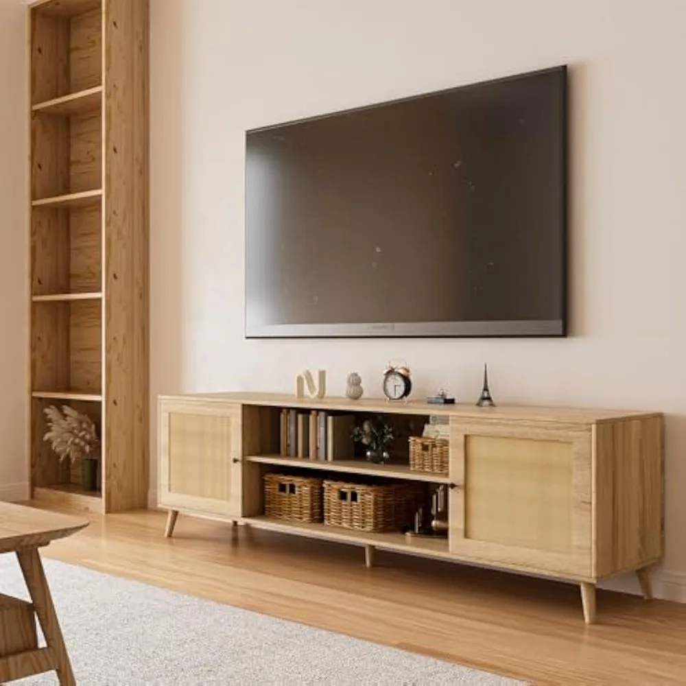 TV Stand for 75 Inch TV, Entertainment Center with Adjustable Shelf, Rattan TV Console with 2 Storage Cabinets
TV Stand for 75 Inch TV, Entertainment Center with Adjustable Shelf, Rattan TV Console with 2 Storage Cabinets