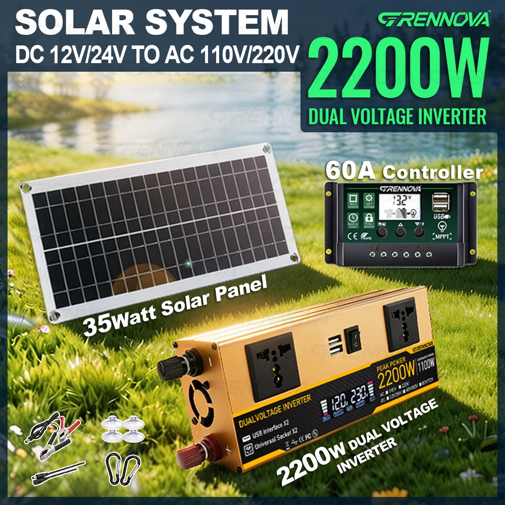 Camper & Off-Grid Solar Combo | 2200W(1100W Rated) Dual Voltage Inverter 12V 24V To 110V 220V 35W Panel & 60A Controller for RV
Camper & Off-Grid Solar Combo | 2200W(1100W Rated) Dual Voltage Inverter 12V 24V To 110V 220V 35W Panel & 60A Controller for RV