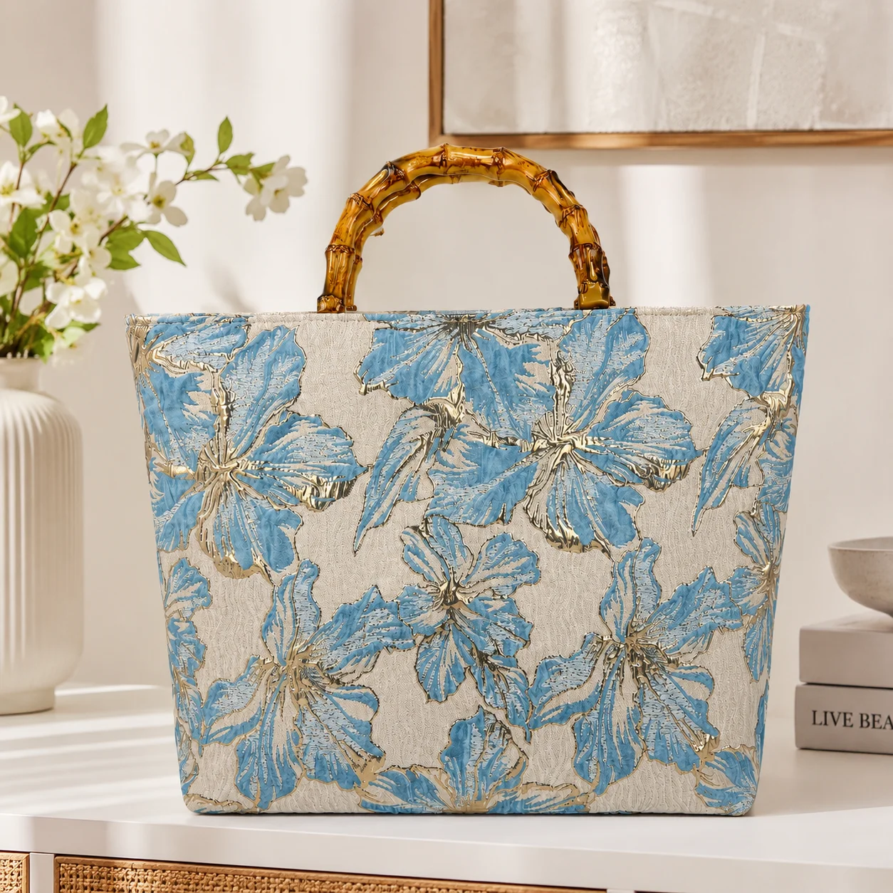 Women Floral Tote Bag Bamboo Handle Large Capacity Beach Handbag Casual Lightweight Shoulder Bag
Women Floral Tote Bag Bamboo Handle Large Capacity Beach Handbag Casual Lightweight Shoulder Bag
