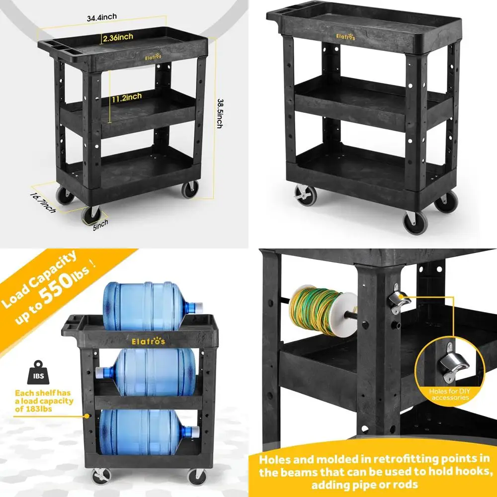 Sturdy 3-Tier Utility Cart, 34x17x38.5, Mobile Workstation with Swivel Wheels, Large Shelves, Supports 550 lbs, Black
Sturdy 3-Tier Utility Cart, 34x17x38.5, Mobile Workstation with Swivel Wheels, Large Shelves, Supports 550 lbs, Black