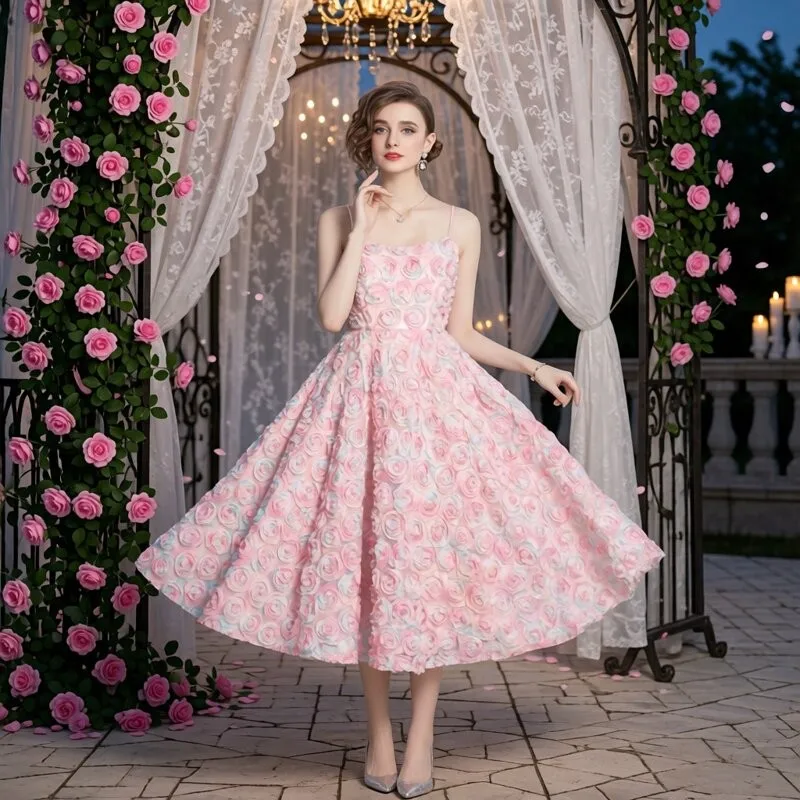 Sexy Off-Shoulder Midi Dress in Pink with 3D Rose Print High Waist Lace Composite Fabric Non-Sleeved Back Zipper A-Line Skirt
Sexy Off-Shoulder Midi Dress in Pink with 3D Rose Print High Waist Lace Composite Fabric Non-Sleeved Back Zipper A-Line Skirt