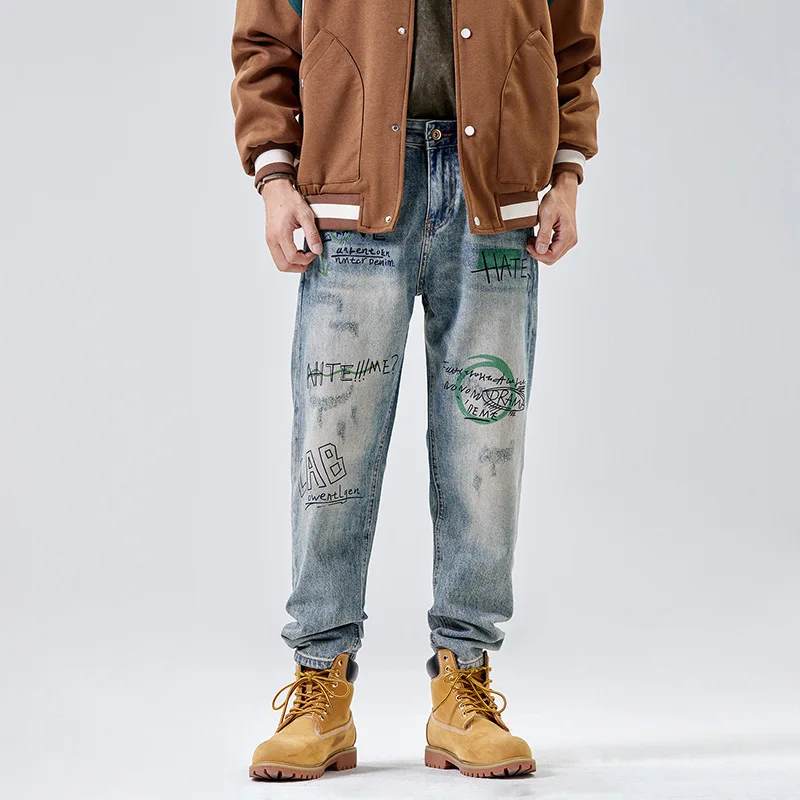 Designer fashion new men's work pants, washed with water, nostalgic letter print, elastic slim fit, retro blue work pants, retro
Designer fashion new men's work pants, washed with water, nostalgic letter print, elastic slim fit, retro blue work pants, retro