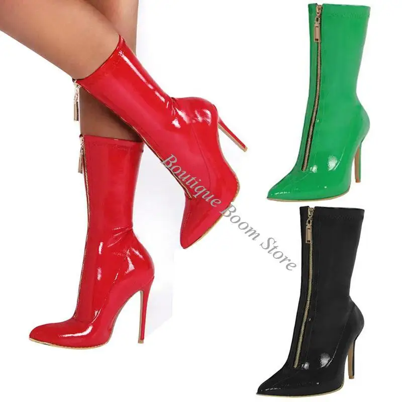Candy Green red Front Metal zipper High Heels Ankle Boots 10/12 cm Stiletto Heels Patent Leather Pointed Toe Women Stage Boots
Candy Green red Front Metal zipper High Heels Ankle Boots 10/12 cm Stiletto Heels Patent Leather Pointed Toe Women Stage Boots