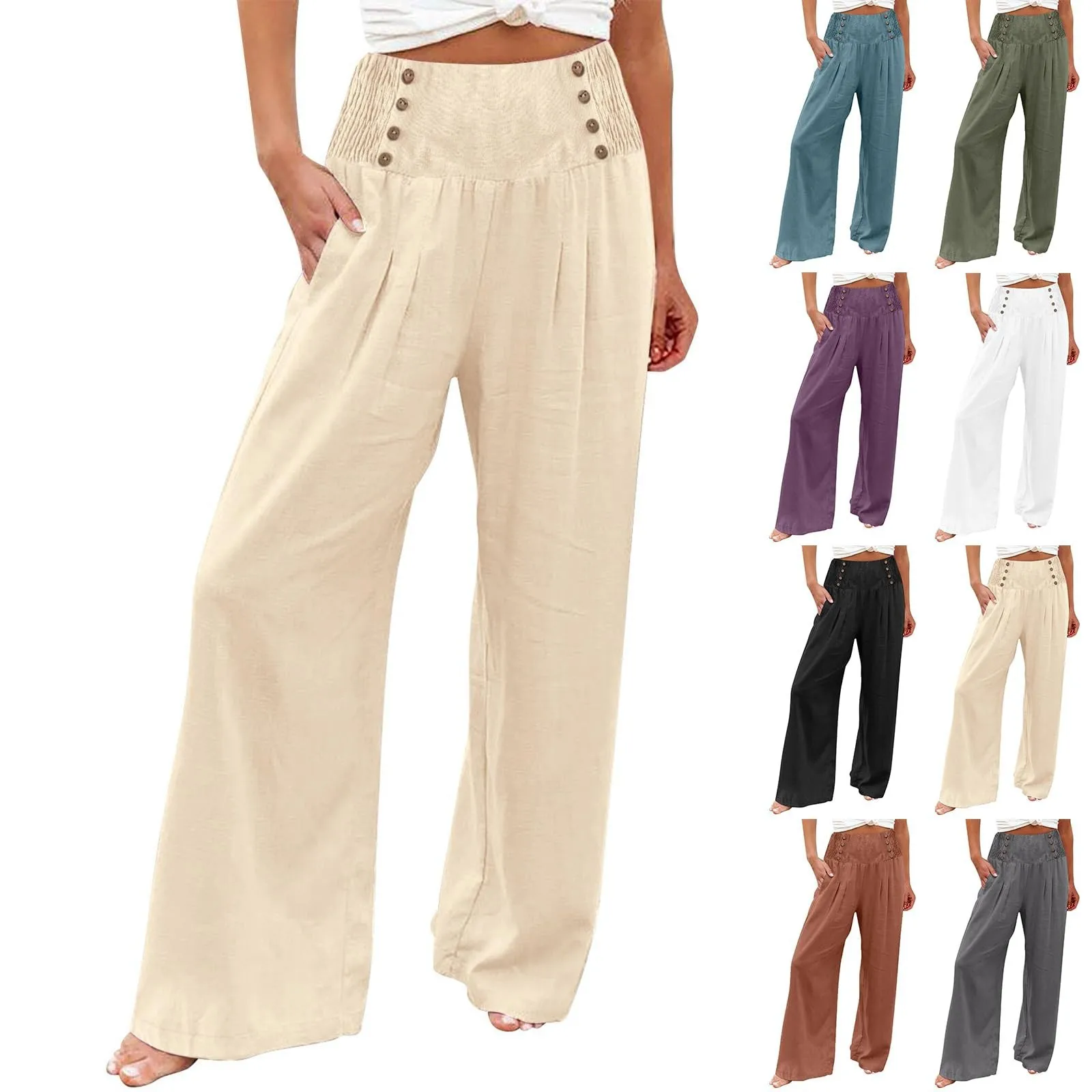 Loose Straight Leg Trousers for Women Elastic Waist Button Design Multicolor Pure Color Casual Style High Waist Polyester
Loose Straight Leg Trousers for Women Elastic Waist Button Design Multicolor Pure Color Casual Style High Waist Polyester