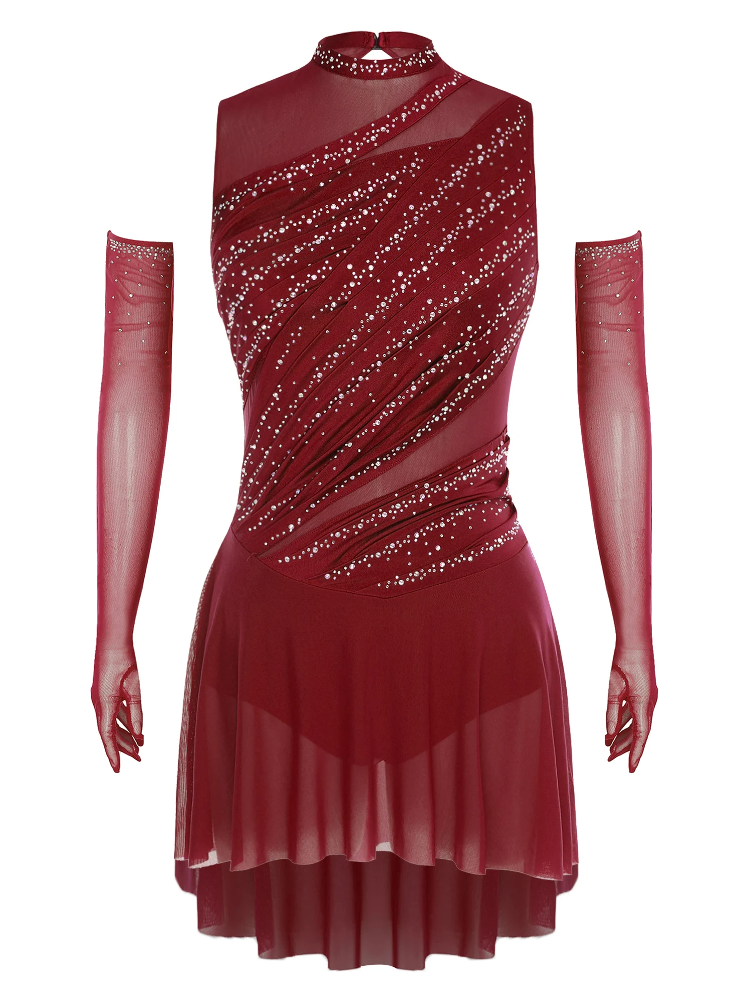 Women Lyrical Dance Dress with Mesh Long Gloves Sleeveless Rhinestones Asymmetrical Shoulder Split Sheer Mesh Spliced Dancewear
Women Lyrical Dance Dress with Mesh Long Gloves Sleeveless Rhinestones Asymmetrical Shoulder Split Sheer Mesh Spliced Dancewear