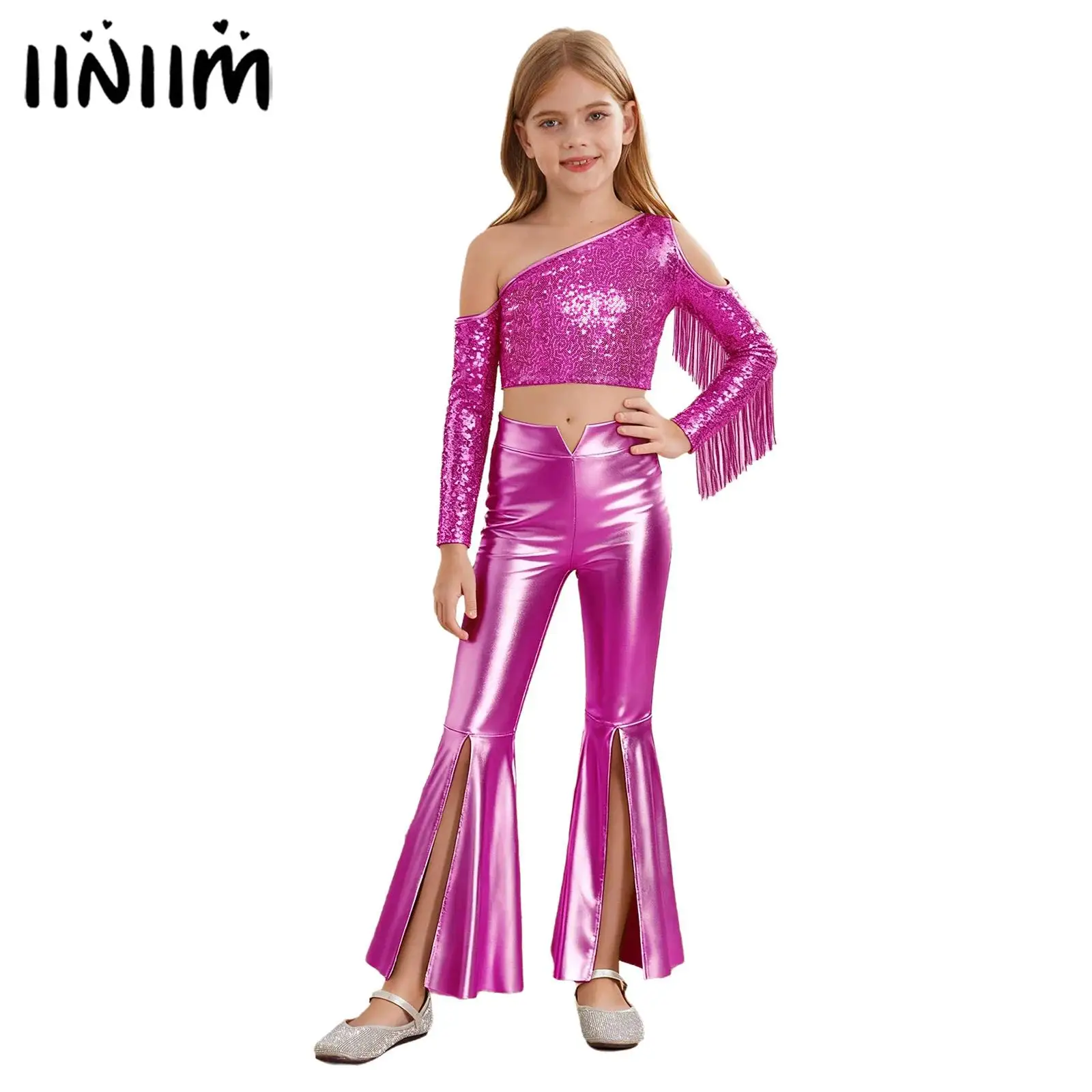 Детский костюм для джазовых танцев для девочек: укороченный топ с бахромой и металлические брюки-клеш в стиле хиппи/хип-хоп 60-х годов
Детский костюм для джазовых танцев для девочек: укороченный топ с бахромой и металлические брюки-клеш в стиле хиппи/хип-хоп 60-х годов