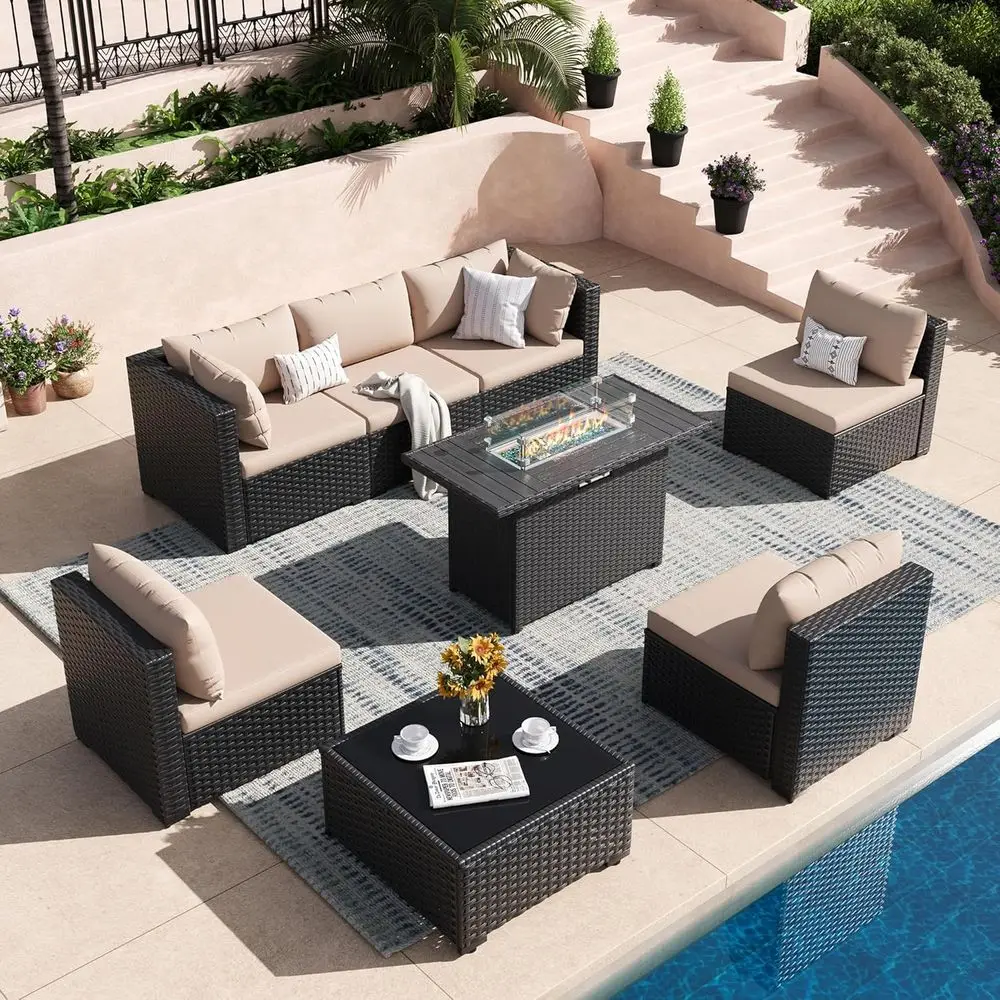 8-Piece Outdoor Patio Furniture Set with 43 Fire Pit Table and Beige/Black Wicker Sectional Sofa with Coffee Table
8-Piece Outdoor Patio Furniture Set with 43 Fire Pit Table and Beige/Black Wicker Sectional Sofa with Coffee Table