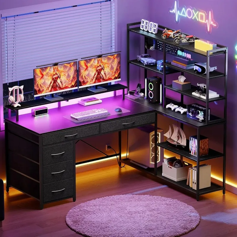 L Shaped Computer Desk With Storage Shelves, 53'' Gaming Desk With LED Light And Power Outlet, Corner Desk With 5, Customized
L Shaped Computer Desk With Storage Shelves, 53'' Gaming Desk With LED Light And Power Outlet, Corner Desk With 5, Customized