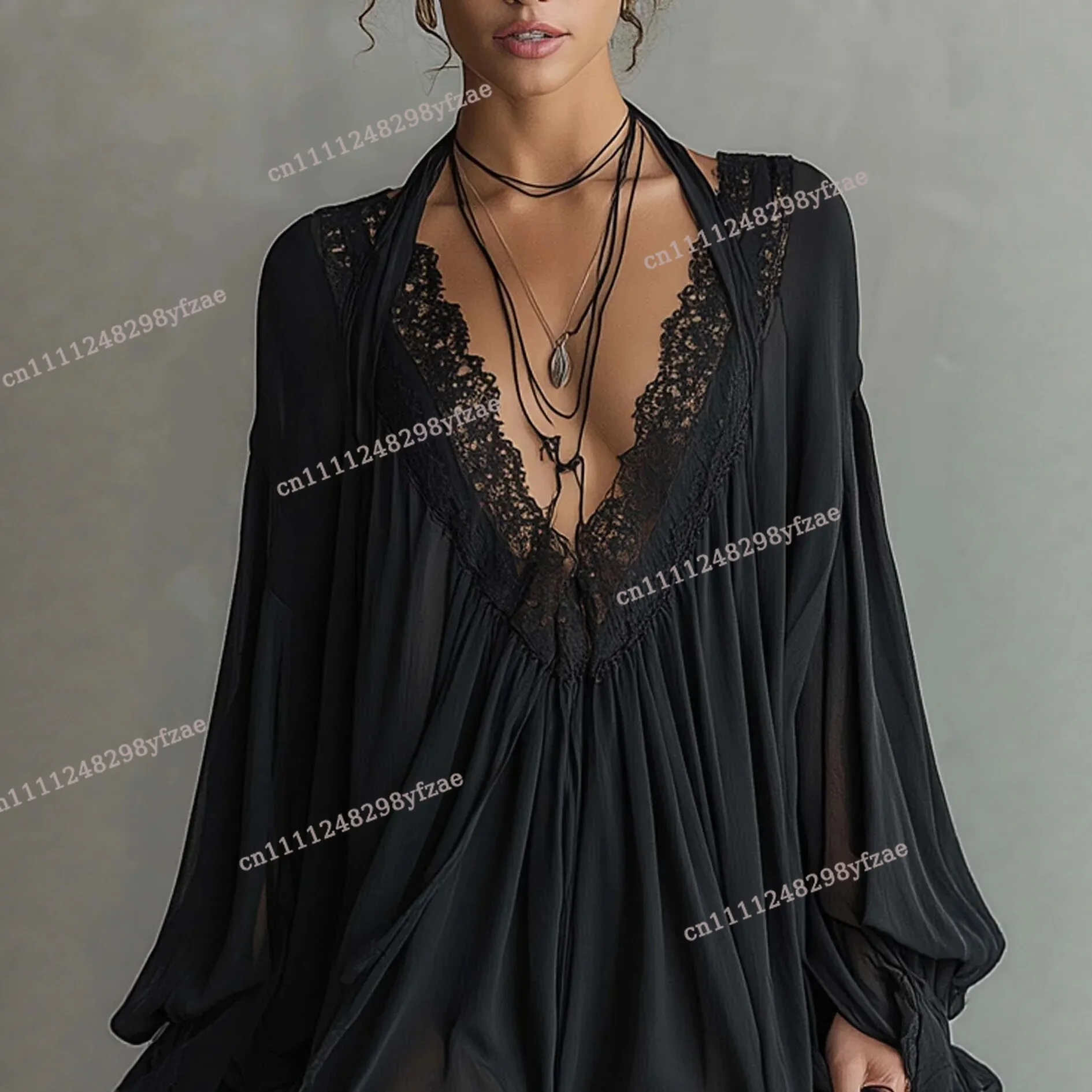 2026 new V-neck lace patchwork black chiffon dress with loose vacation style long sleeved nightgown
2026 new V-neck lace patchwork black chiffon dress with loose vacation style long sleeved nightgown