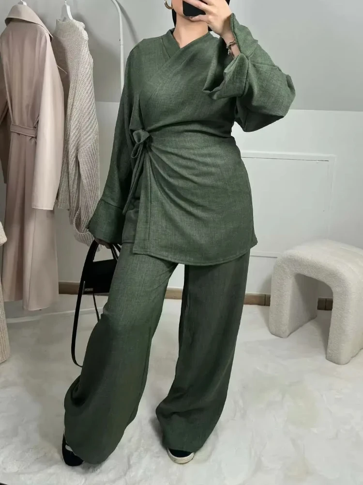 Modest 2 Piece Muslim Woman Set Plain Abaya Dubai Lacing Kimono Tops and Pants Outfits Sets Turkey Ramadan Eid Islamic Clothes
Modest 2 Piece Muslim Woman Set Plain Abaya Dubai Lacing Kimono Tops and Pants Outfits Sets Turkey Ramadan Eid Islamic Clothes