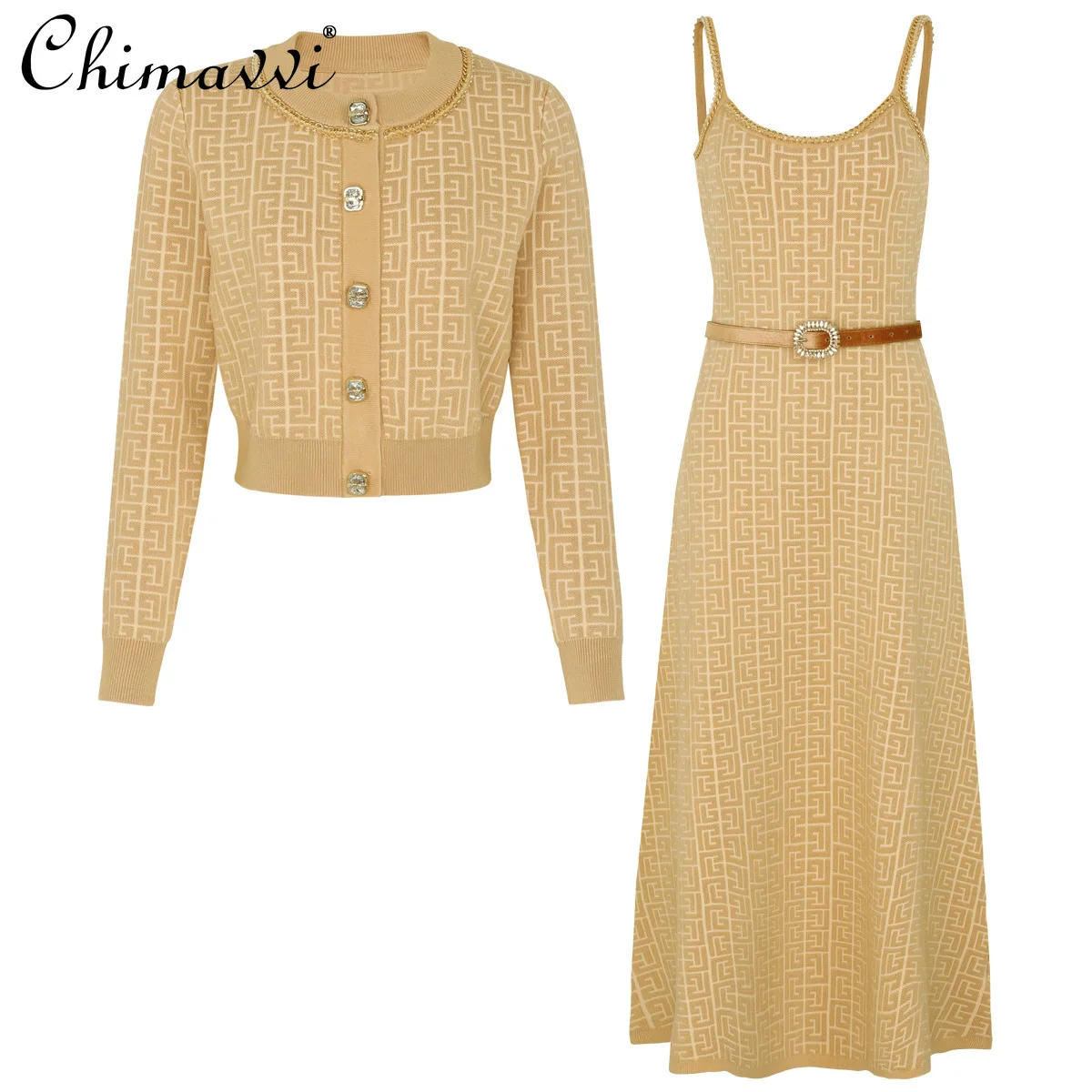 High-End Fashion Knitted Dress Set Autumn New Long Sleeve Single-Breasted Cardigan Coat Suspender Dress Women Two-Piece Set
High-End Fashion Knitted Dress Set Autumn New Long Sleeve Single-Breasted Cardigan Coat Suspender Dress Women Two-Piece Set