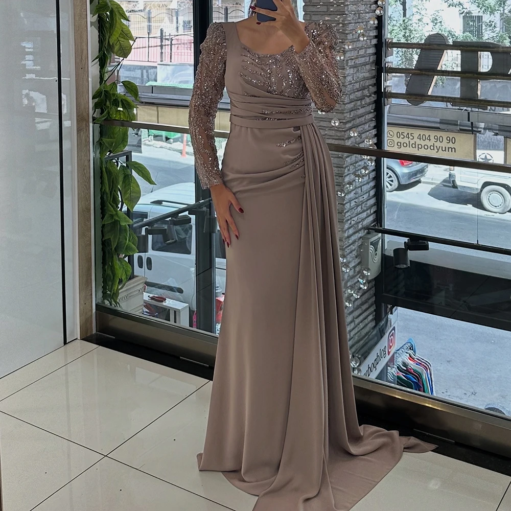 Customized A-line Evening Dresses Floor-length Scoop-neck Full Sleeve Prom Gown Fashion Sequined Pleat Simple Draped Party Gown
Customized A-line Evening Dresses Floor-length Scoop-neck Full Sleeve Prom Gown Fashion Sequined Pleat Simple Draped Party Gown