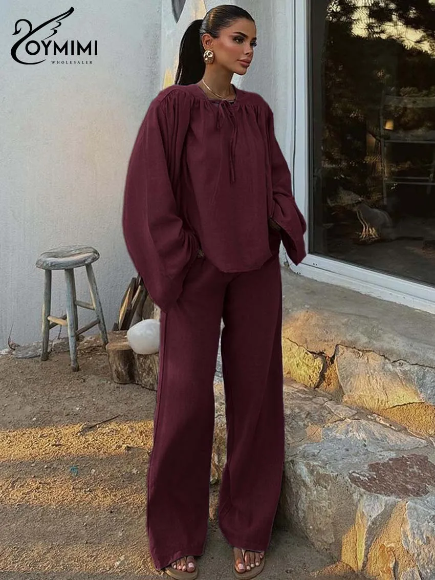 Oymimi Fashion Wine Red 2 Piece Sets Woman Outfit Elegant O-Neck Lace-Up Long Sleeve Blouses And Simple Straight Trousers Sets
Oymimi Fashion Wine Red 2 Piece Sets Woman Outfit Elegant O-Neck Lace-Up Long Sleeve Blouses And Simple Straight Trousers Sets