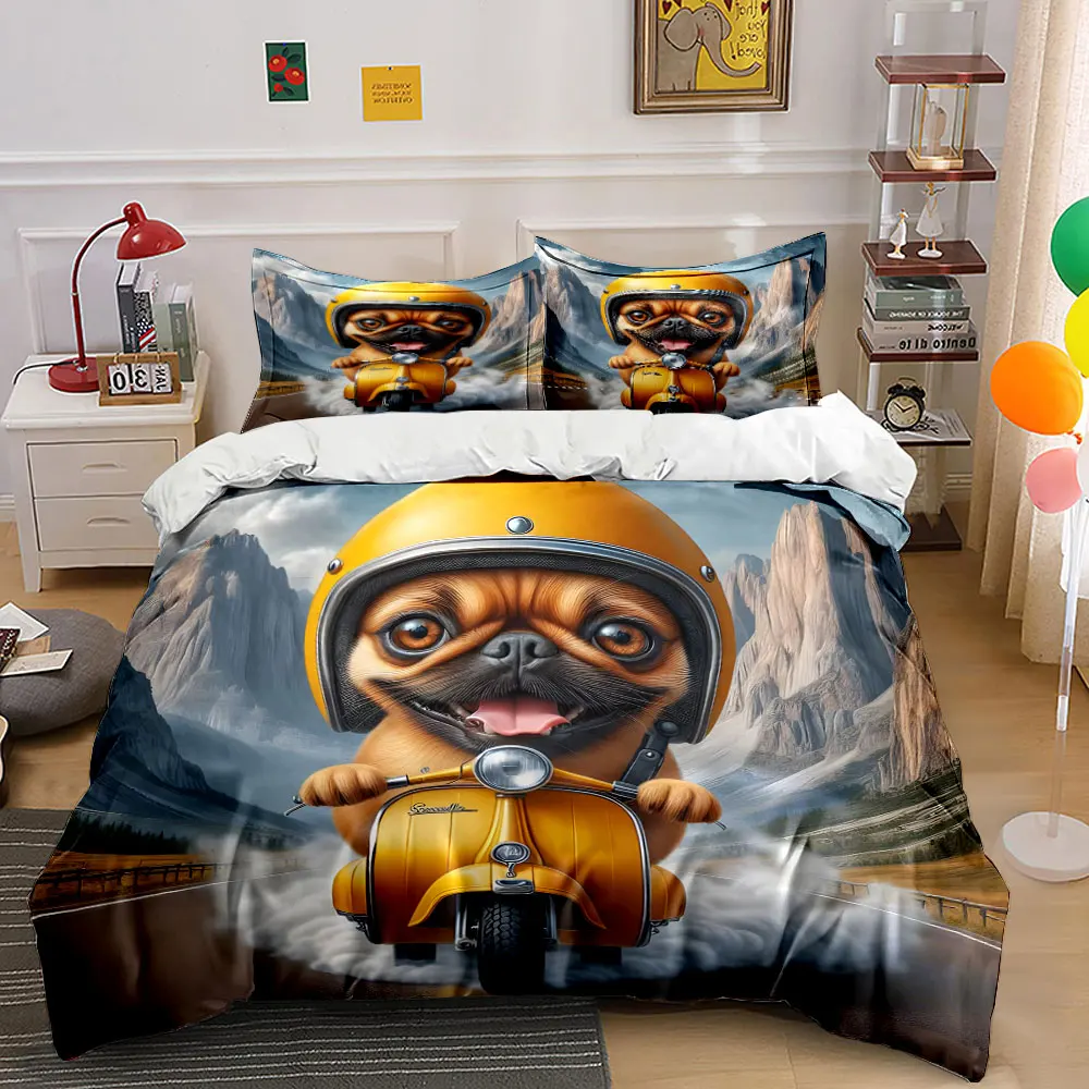 Cartoon fun pug riding motorcycle Pattern Duvet Cover Set Digital Print Colorful Polyester Bedding with Zipper Closur for gifts
Cartoon fun pug riding motorcycle Pattern Duvet Cover Set Digital Print Colorful Polyester Bedding with Zipper Closur for gifts