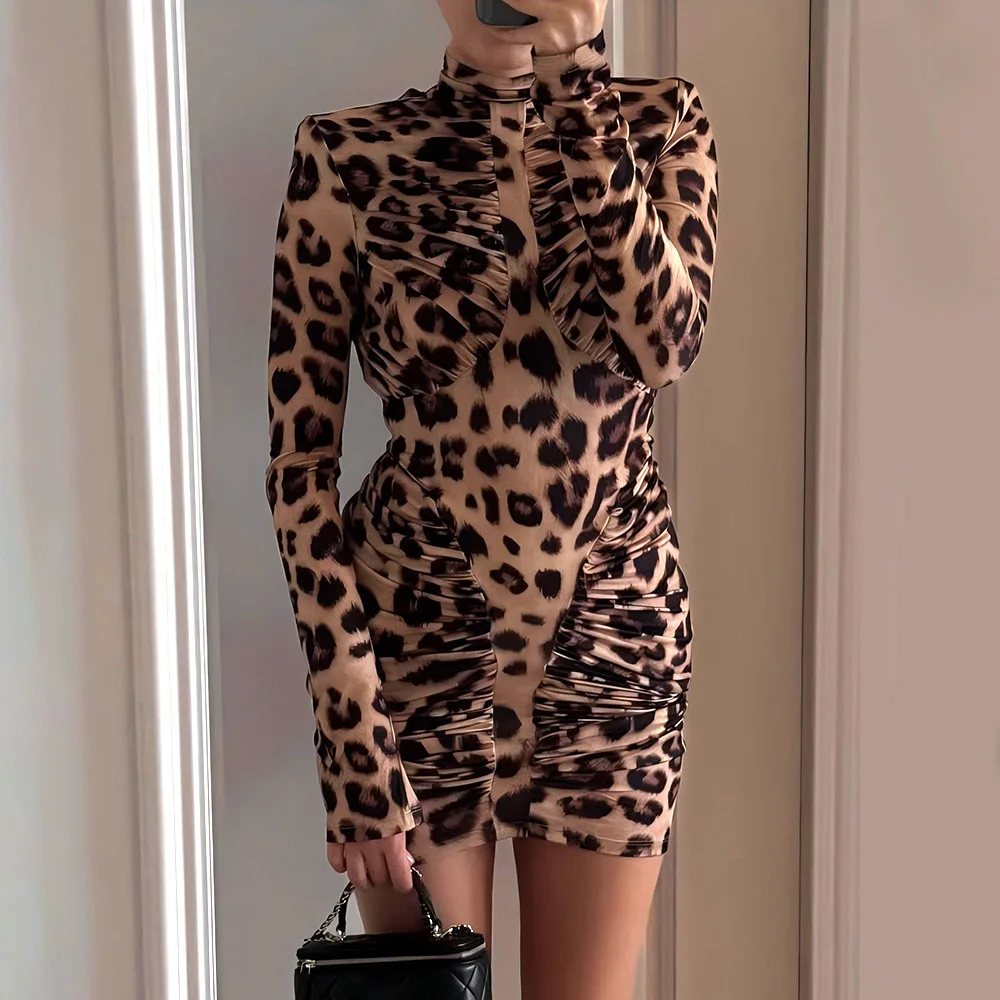 Womens Sexy High Collar Long Sleeve Backless Leopard Print Folds Package Hip Dress
Womens Sexy High Collar Long Sleeve Backless Leopard Print Folds Package Hip Dress